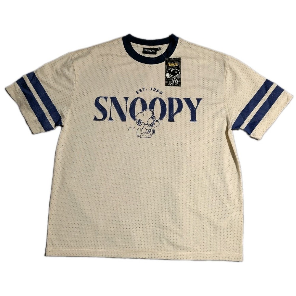 Peanuts Snoopy Mens M Cream Navy Mesh Football Jersey Graphic Shirt NWT